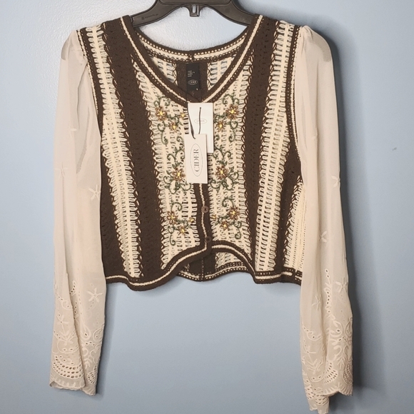 Cider Tops Nwt New Cider Boho Embroidered Crochet Sheer Long Sleeve